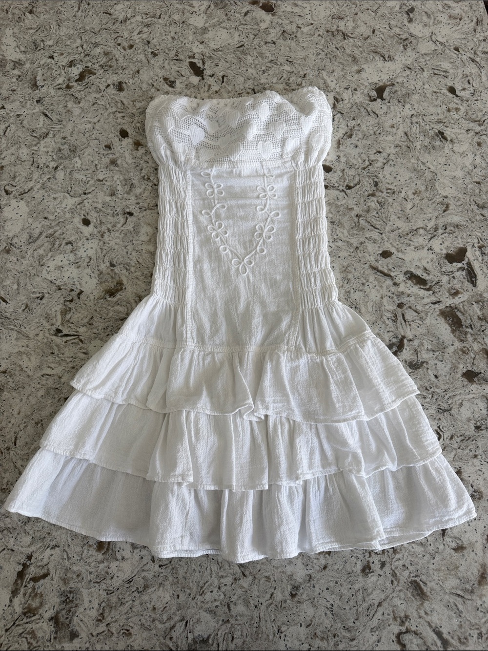 White Strapless Tiered Sundress with Embroidered Bodice
